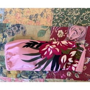 Pink, Floral Bandeau (Strapless) Bathing Suit Top